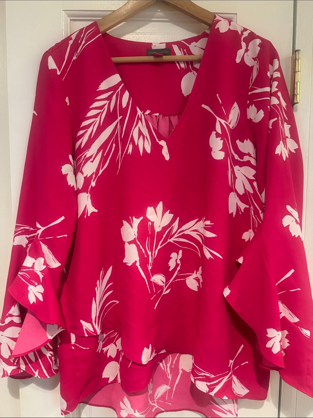 Vince Camuto Fuschia Floral V-Neck Ruffle-3/4 length Sleeve Blouse
